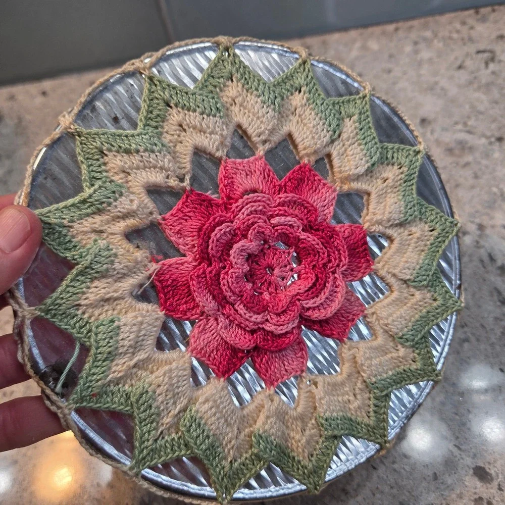 Vintage Handmade Crochet Hot Pad 3D Rose Flower Trivet Pink Green 6.5 Inch